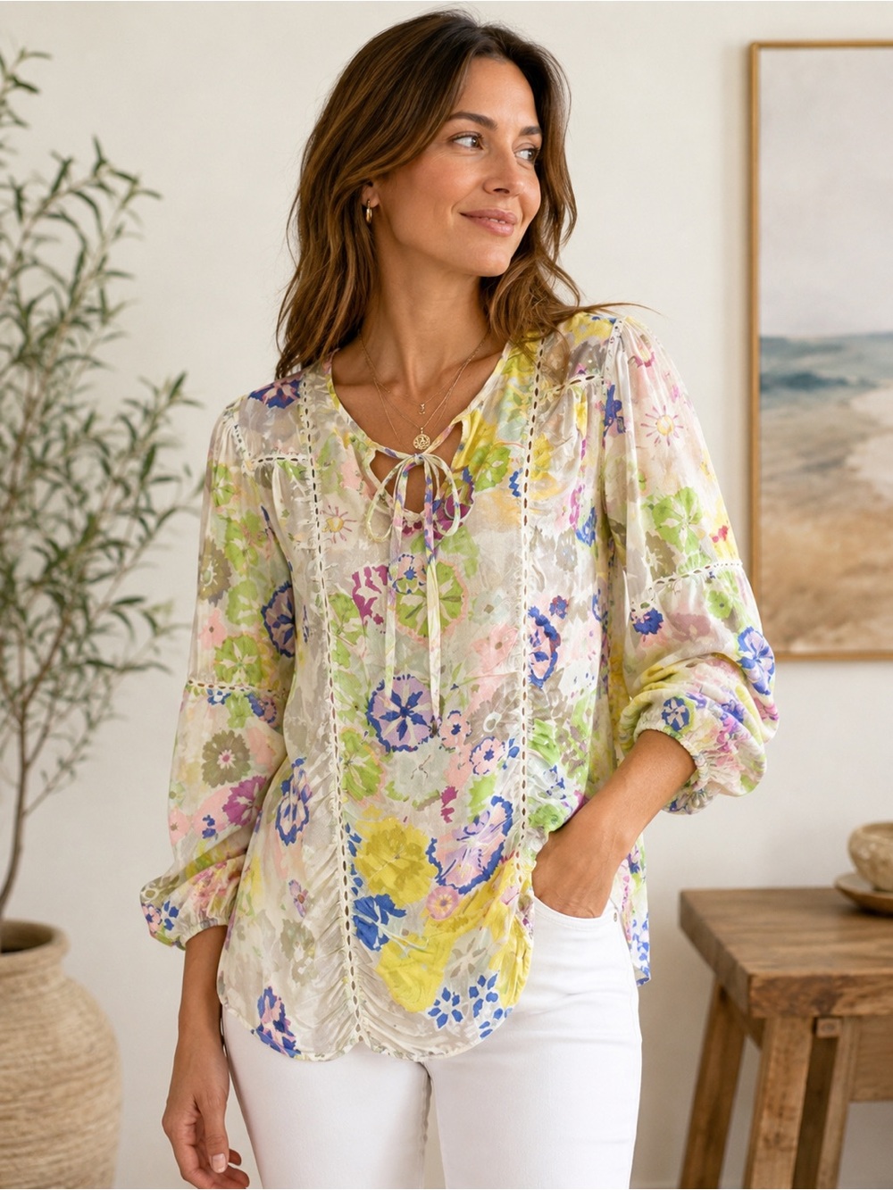 Sundance 100% Silk Boho Floral Peasant Top Watercolor Print Tie Neck Small